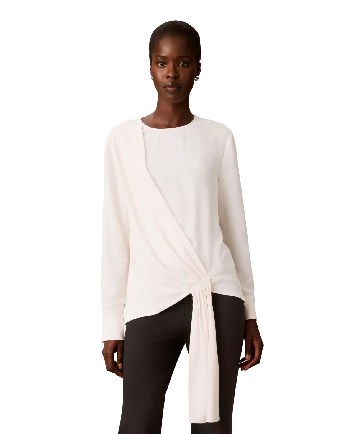 Long-Sleeve Crewneck Draped Blouse by Calvin Klein