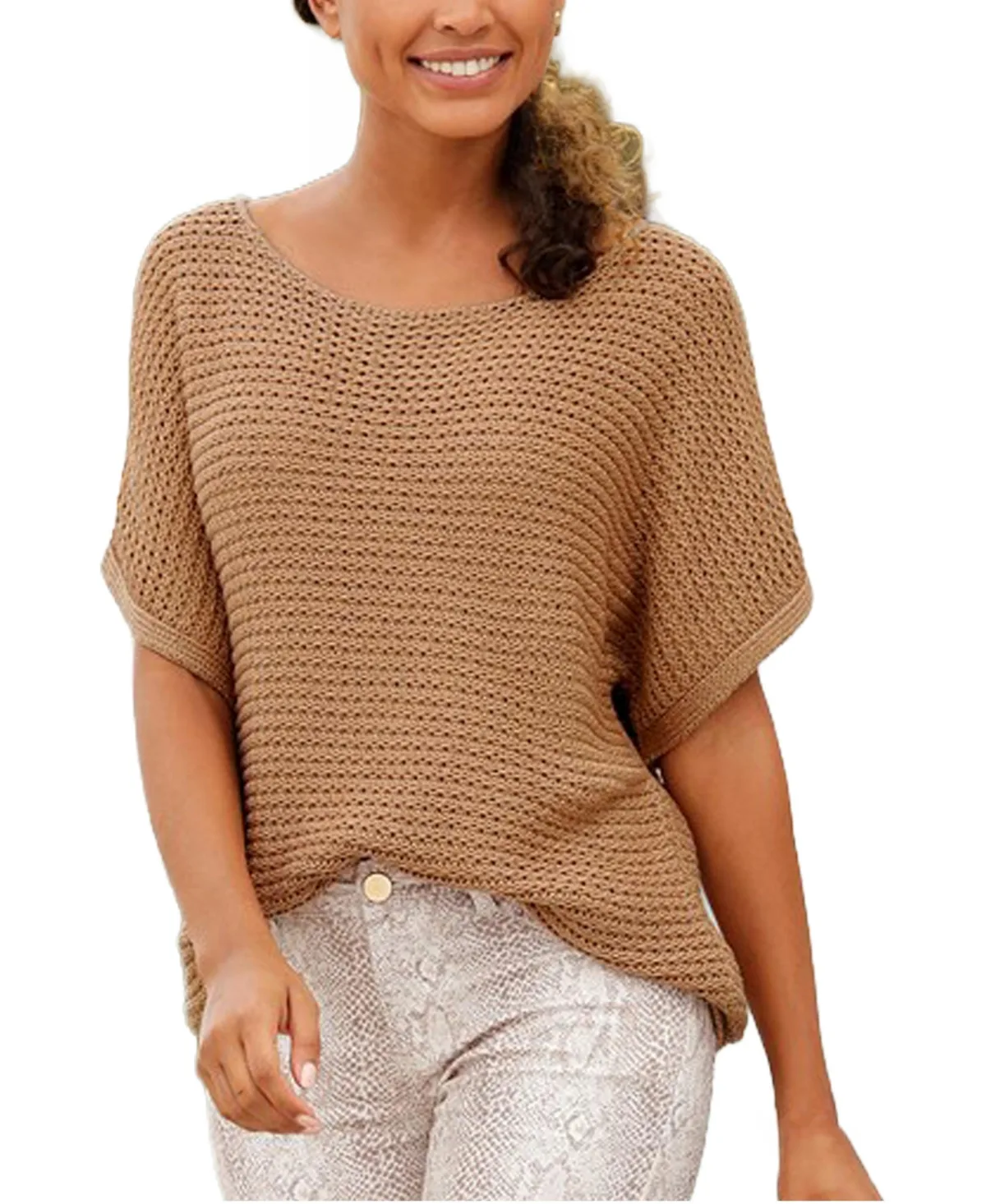 Scoop Neck Short Dolman-Sleeve Open-Knit Sweater by Lascana