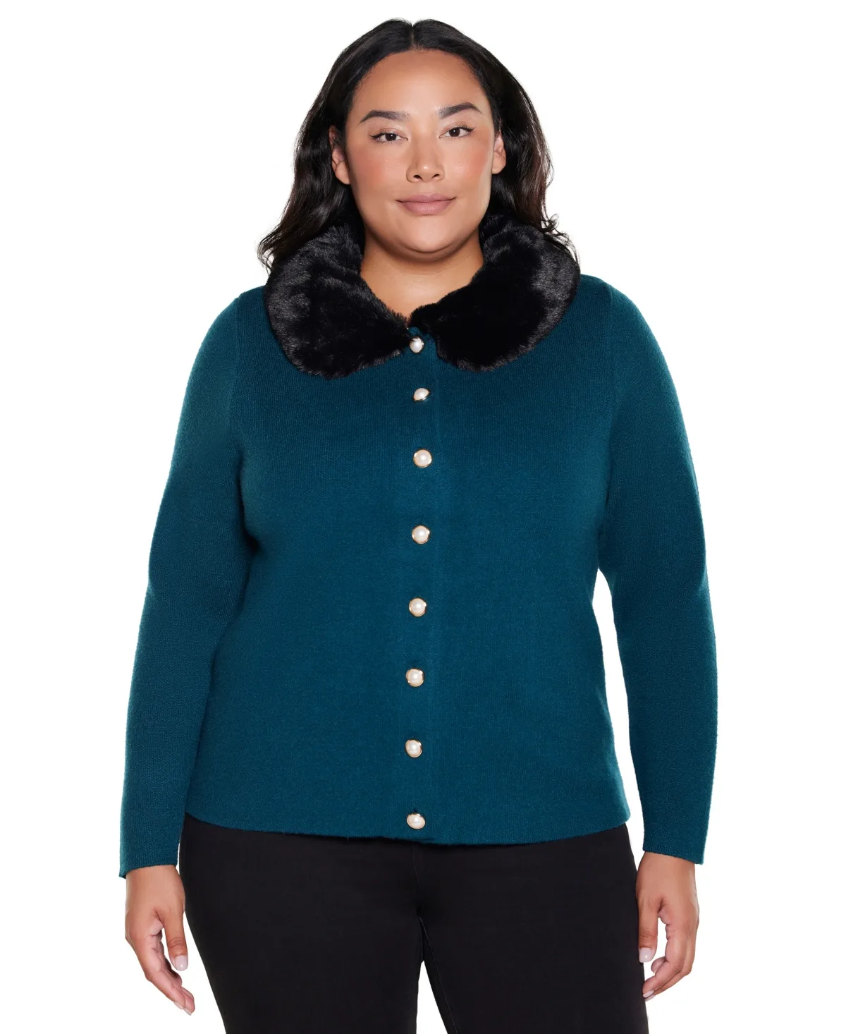 Long-Sleeve Collared Faux-Fur Cardigan by Belldini