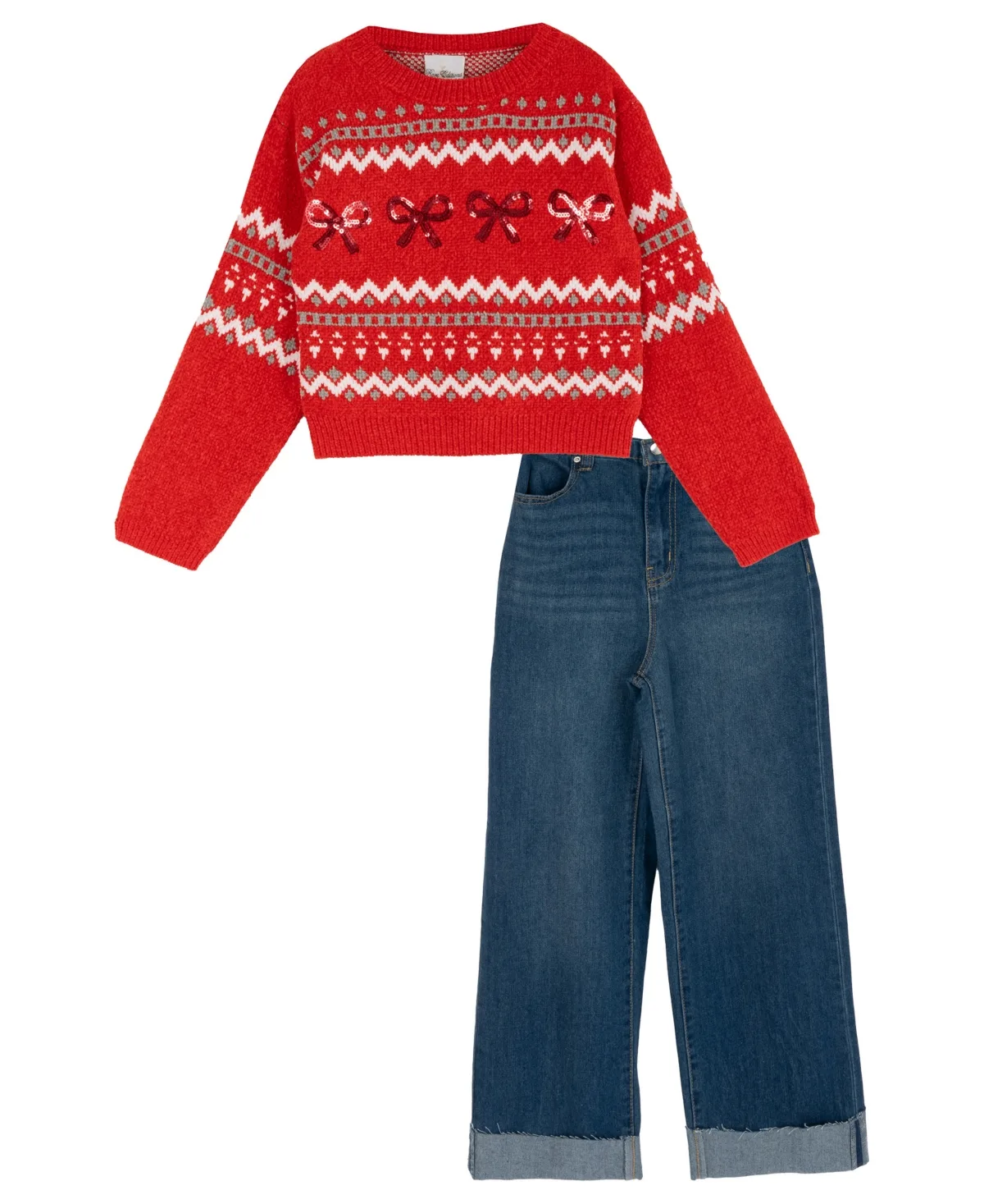 Fair Isle Sequin-Bow Sweater and Wide-Leg Denim Pants, 2-Piece Set by Tween Diva