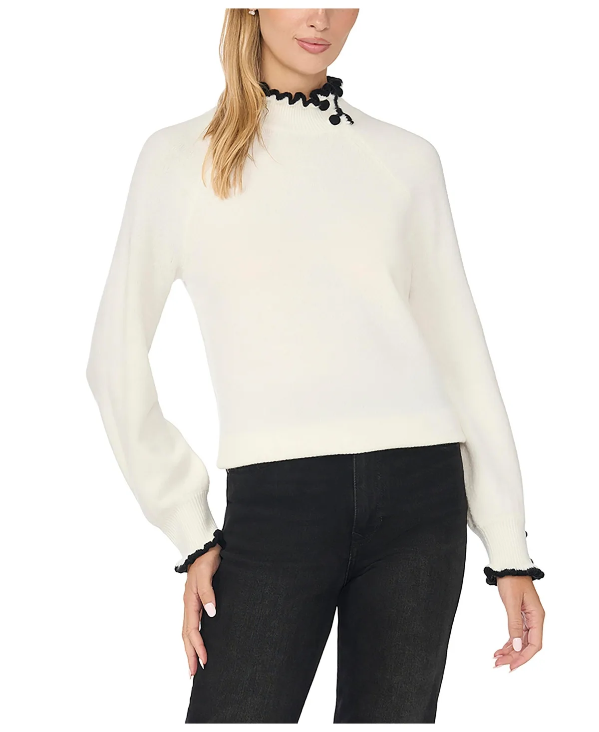 Tipped Ruffle Mock Neck Sweater by CeCe
