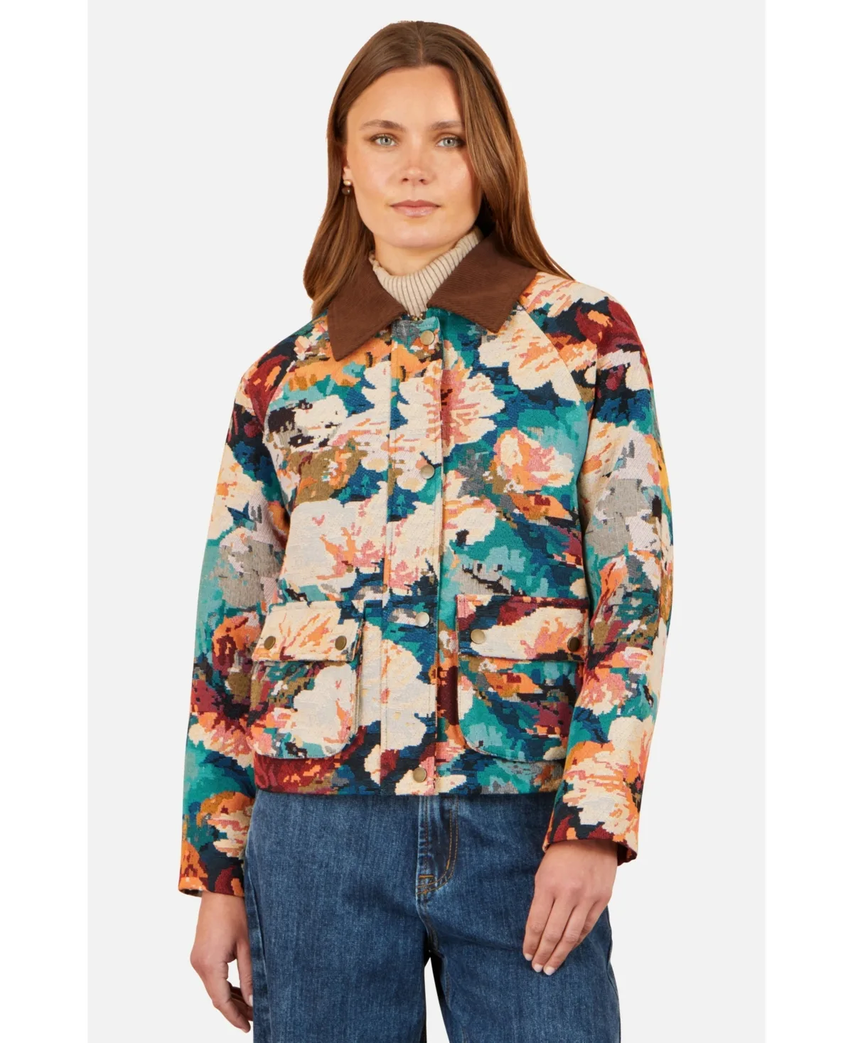 Floral Woven Collared Bomber Jacket by Yumi