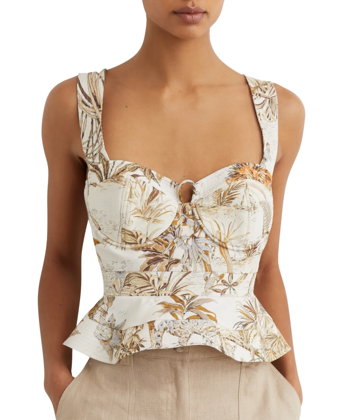 Rema Tropical-Print Sweetheart Sleeveless Corset Peplum Top by Reiss