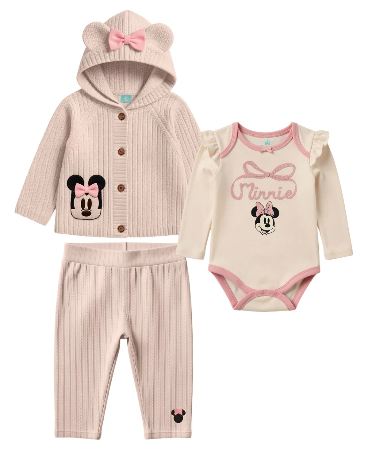 Minnie Mouse Hooded Long-Sleeve Cotton-Blend Sweater Jacket, Bodysuit and Pants, 3-Piece Set by Disney
