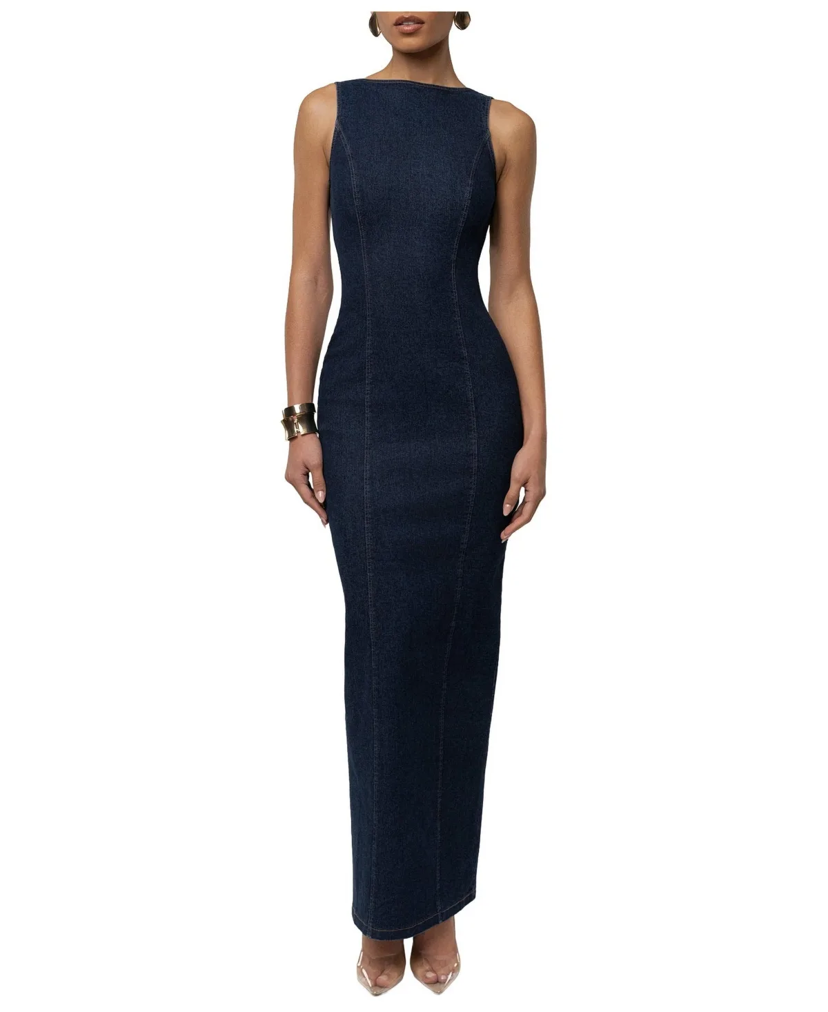 Sculpt Boat-Neck Sleeveless Denim Maxi Dress by Jluxlabel