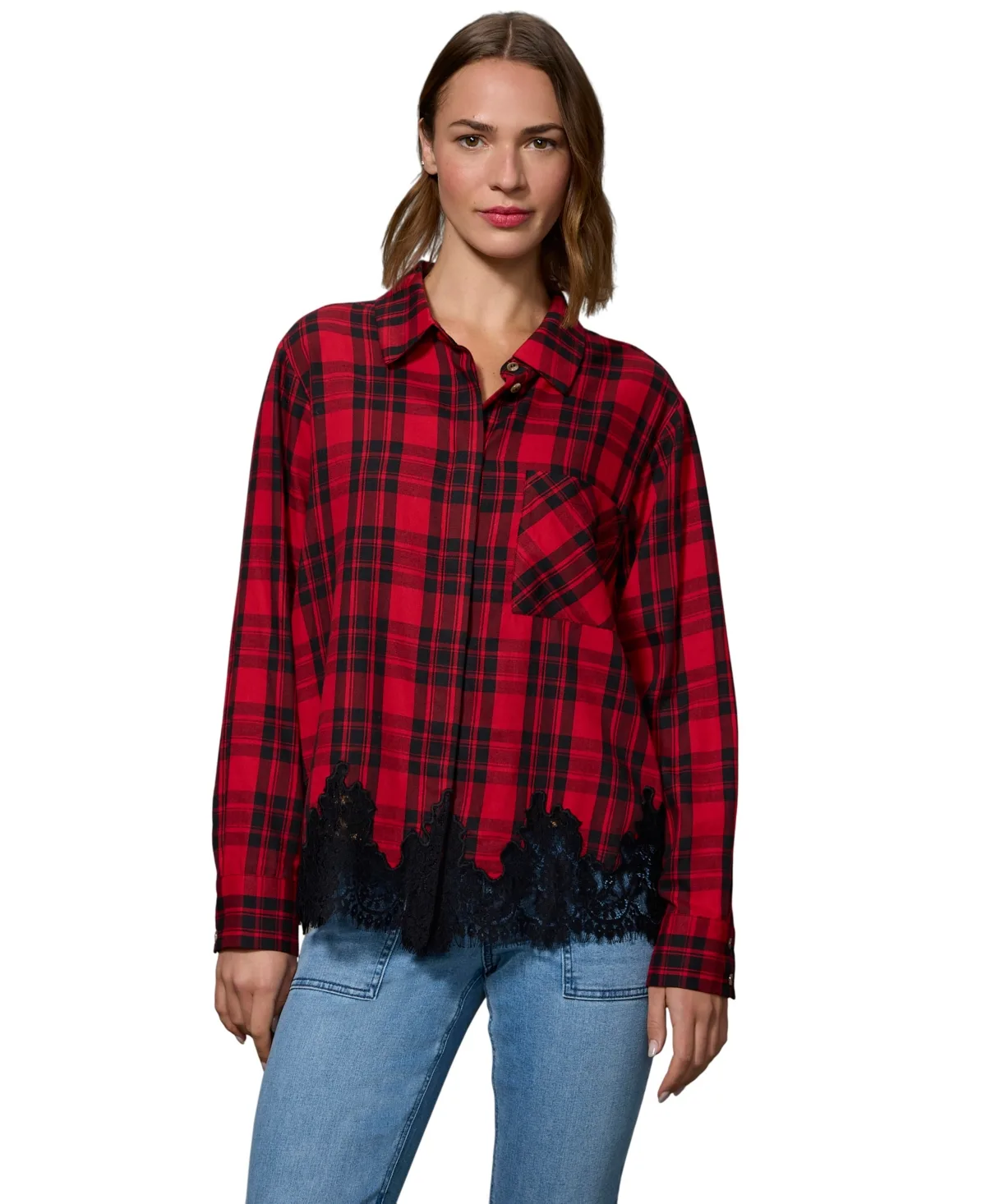 Best Long-Sleeve Plaid Lace-Hem Blouse by Sanctuary