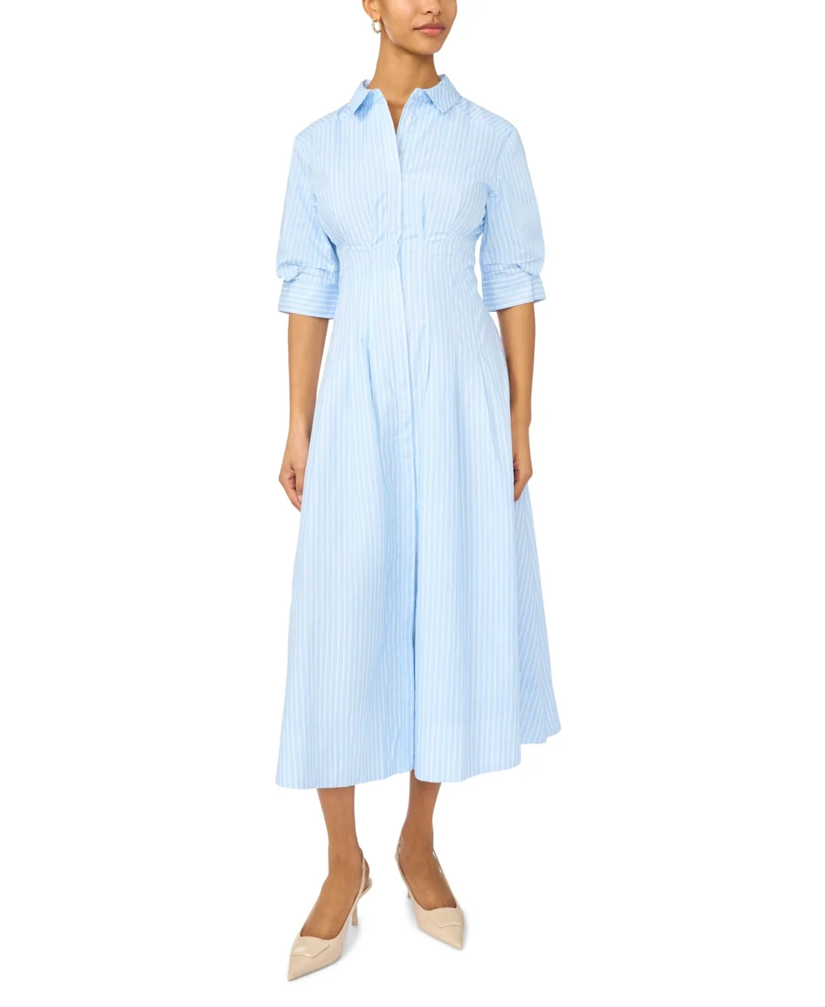 Dylan Stripe Pleated Midi Short-Sleeve Shirt Dress