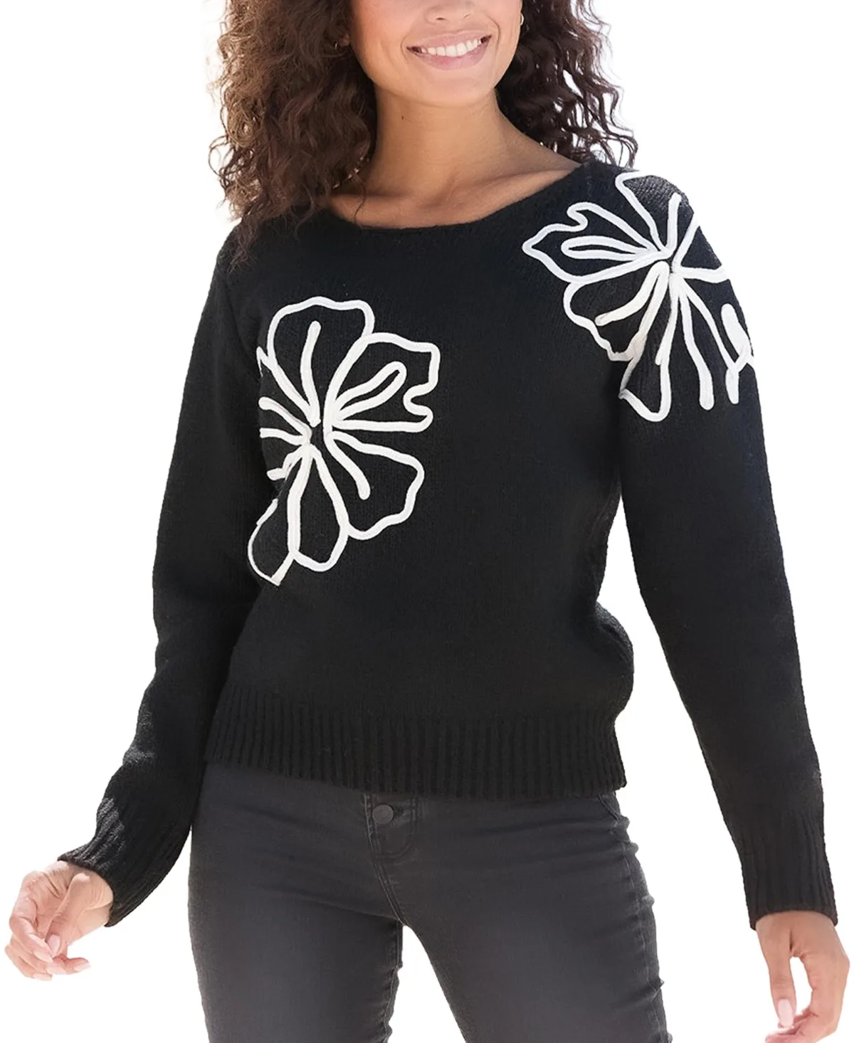 Floral-Applique Boat-Neck Knit Sweater by Lascana