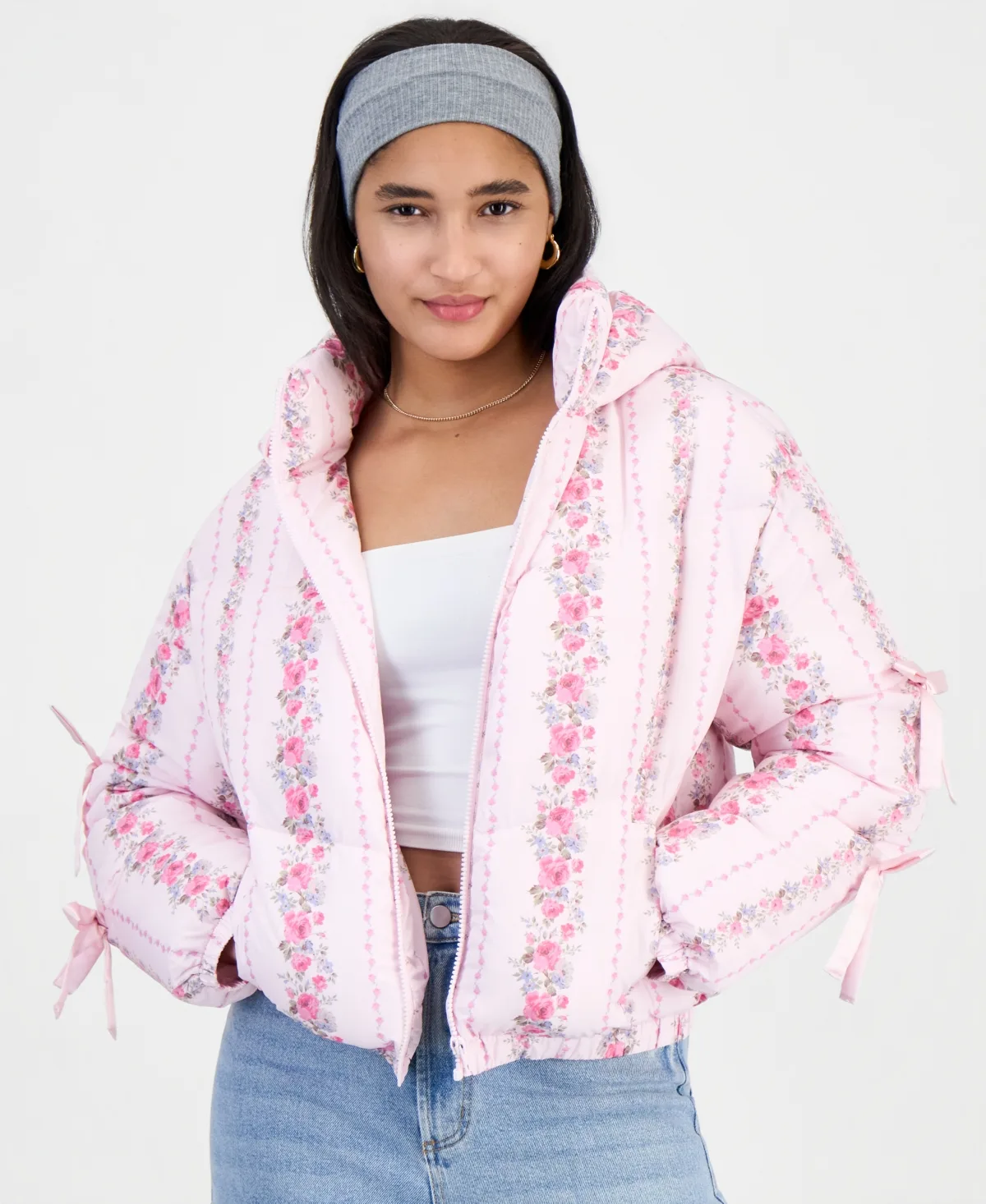 Floral-Print Hooded Short Puffer Jacket by Madden Girl