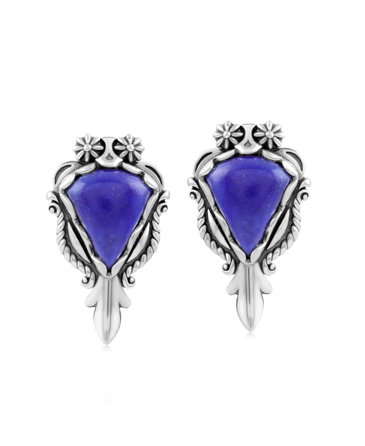 Pear-Shaped Lapis Squash Blossom Earrings in Sterling Silver by American West Jewelry
