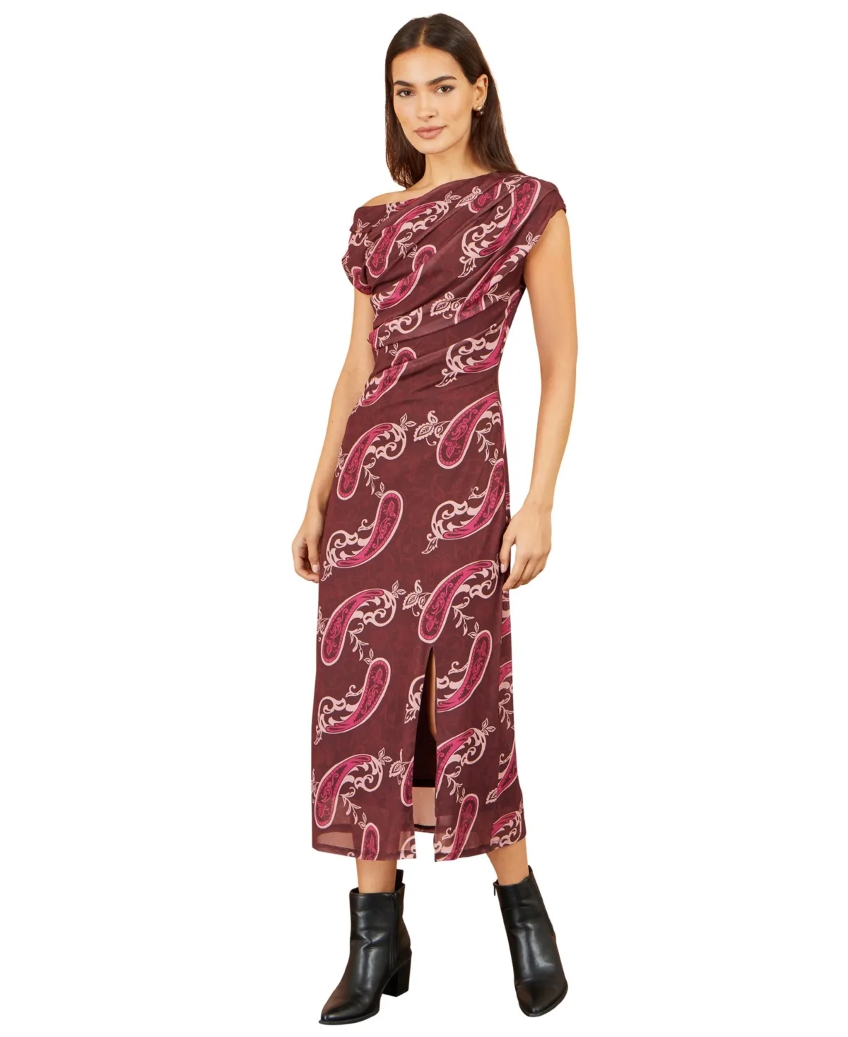 Draped Cowl Ruched Midi Dress by Yumi