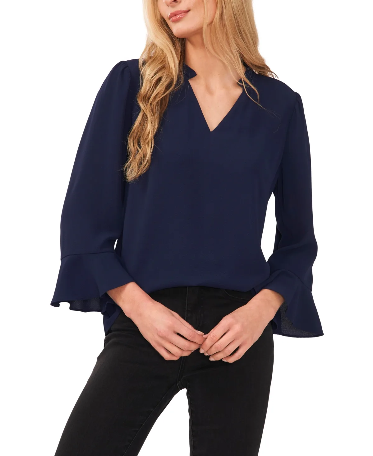 3/4 Sleeve Ruffle-Sleeve V-Neck Blouse by CeCe
