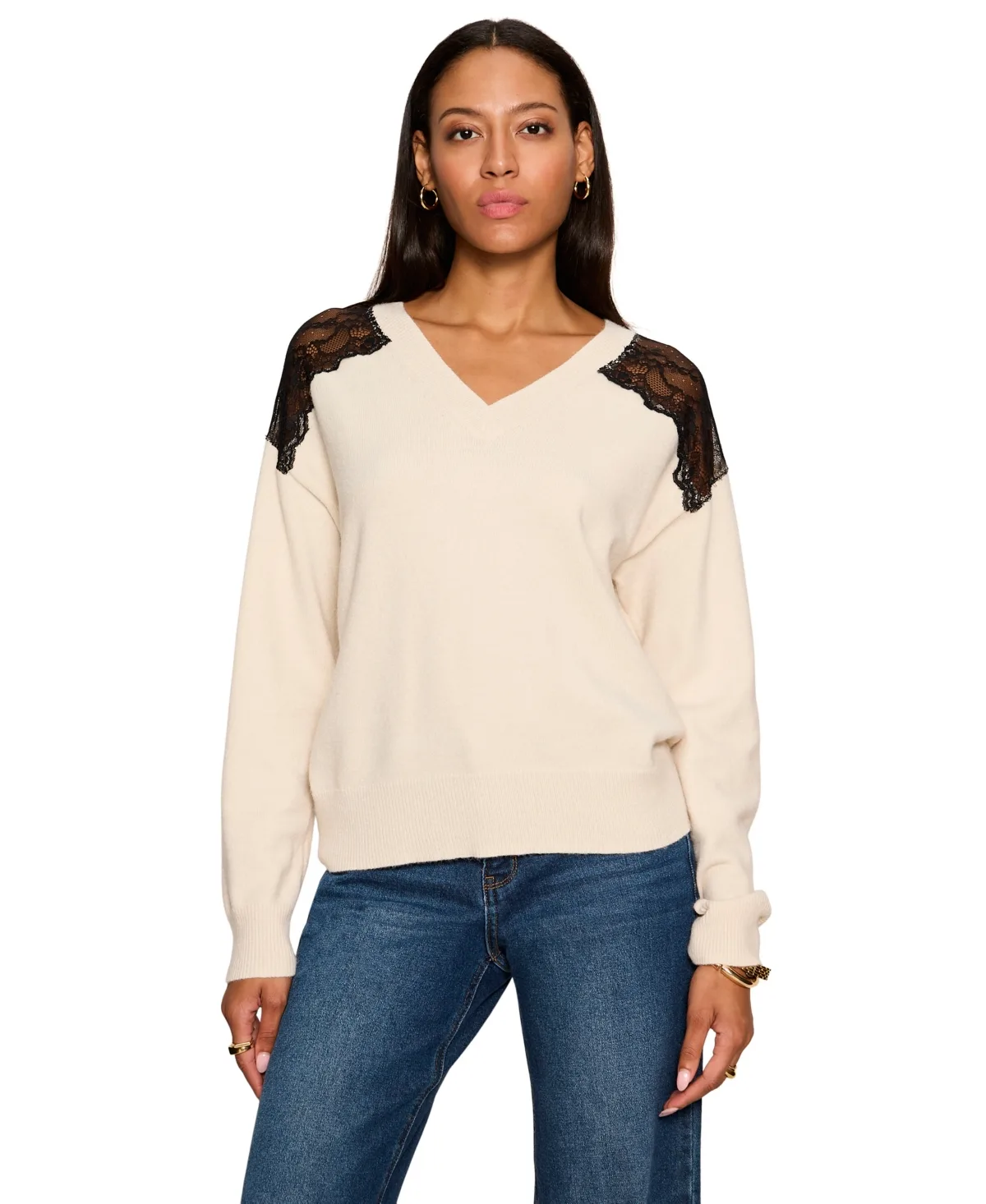Lace Detail V-Neck Long-Sleeve Sweater by Sanctuary