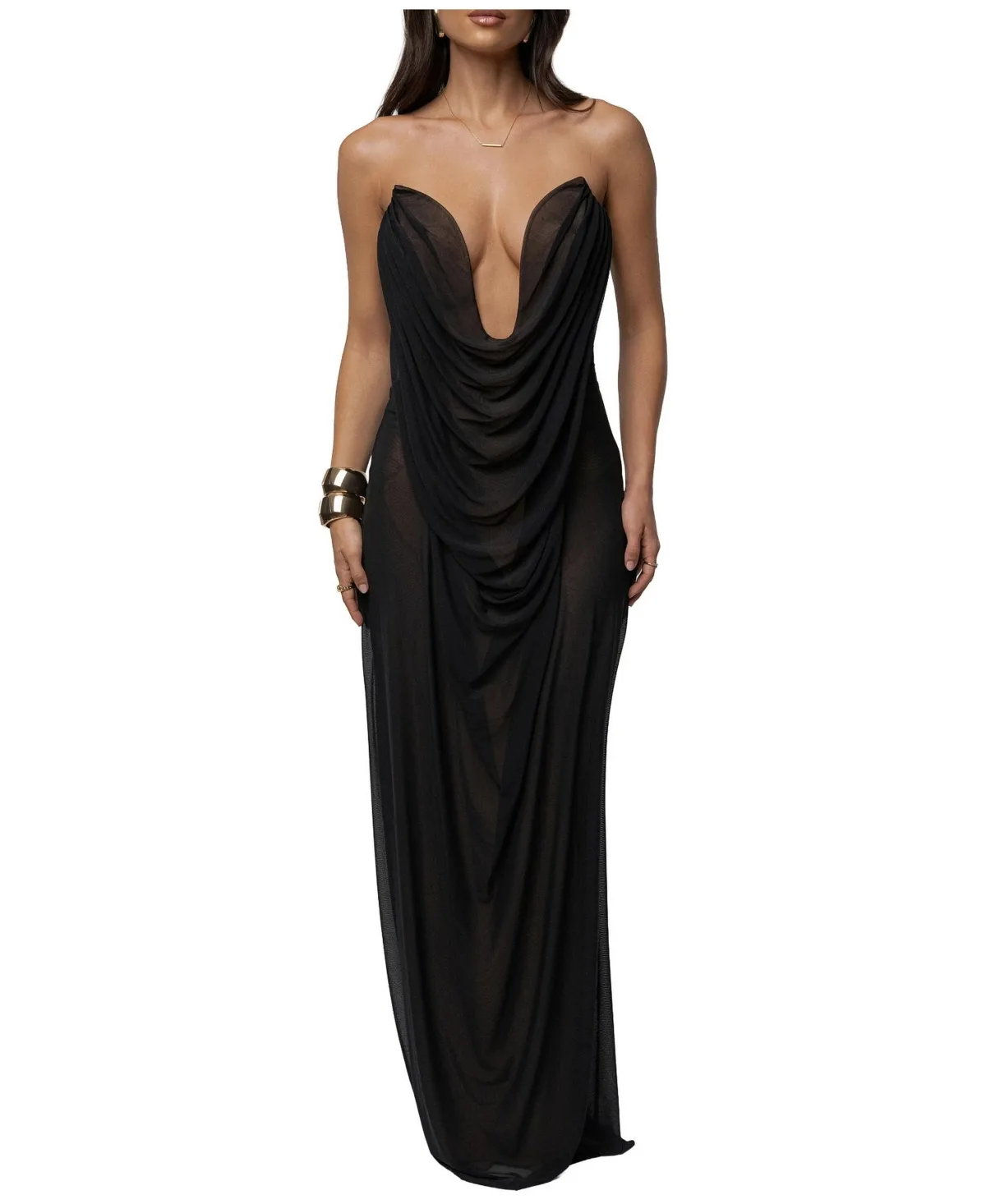 Siren Plunging Cowl Sculptural Draped Sheer Mesh Side Panels Dress by Jluxlabel