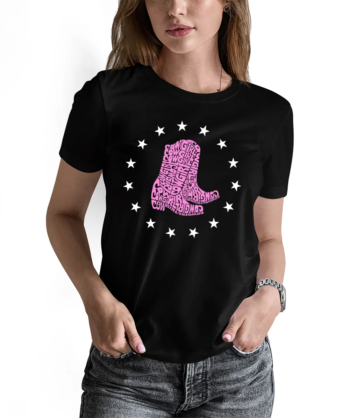 Cowgirl Boots Word Art Crew Neck T-Shirt by LA Pop Art