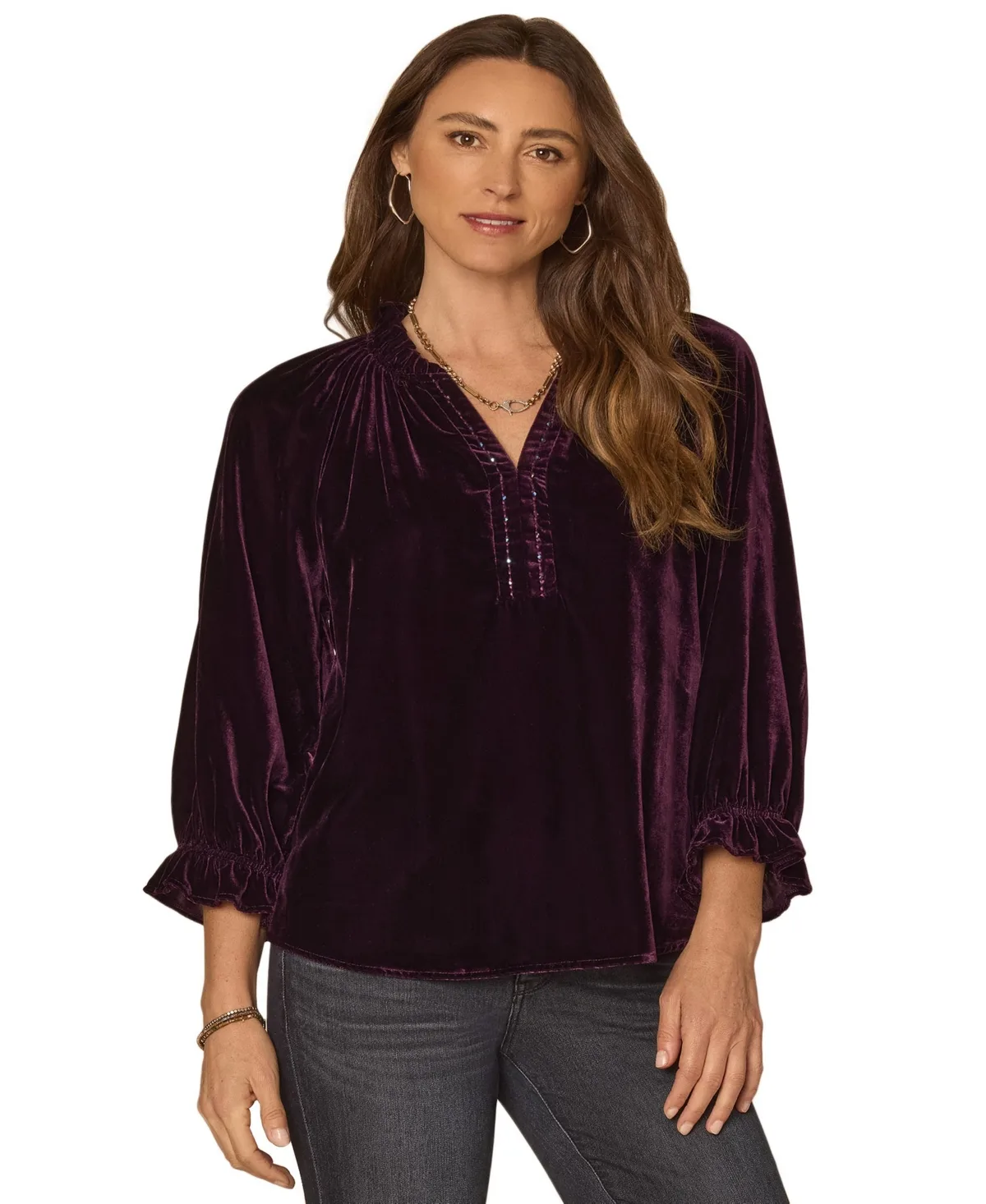 3/4-Sleeve Velvet Split Neck Blouse by Democracy