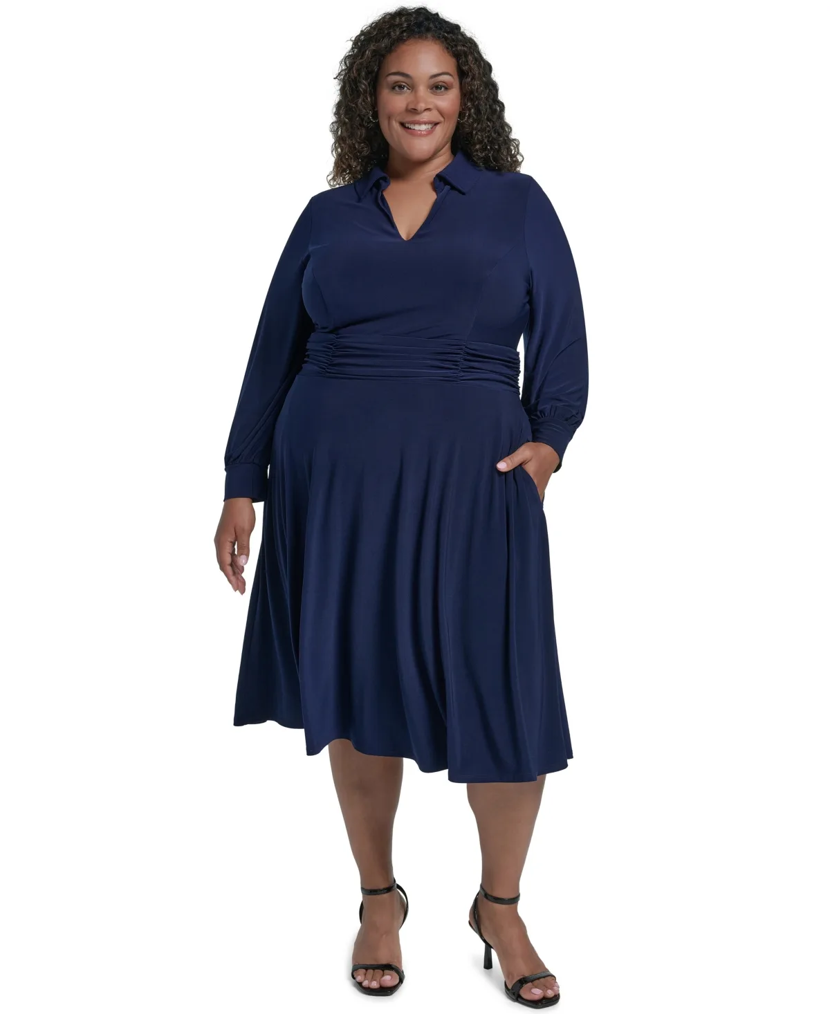 Ruched Long-Sleeve A-Line Midi Dress by Jessica Howard