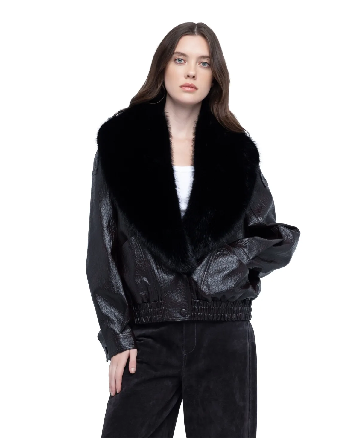 The in Crowd Removable Faux-Fur Collar Zip-Up Faux Leather Jacket by Blank