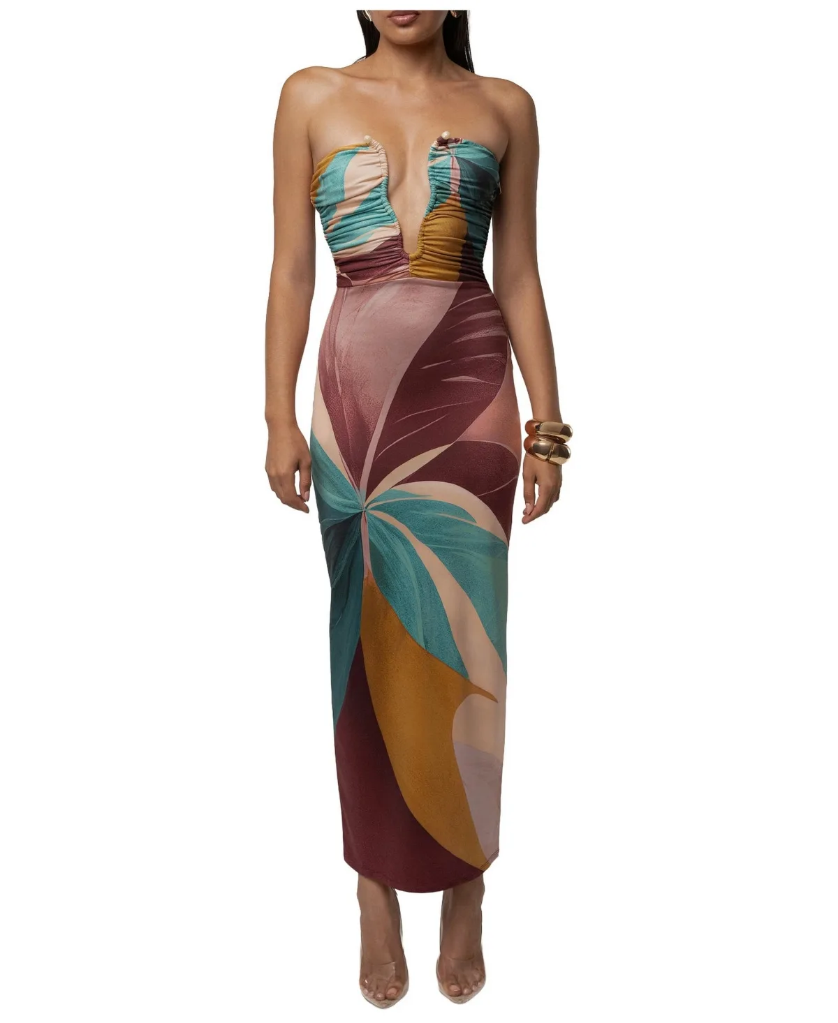 Palm Mirage Strapless Plunging-Neckline Tropical-Print Midi Dress by Jluxlabel