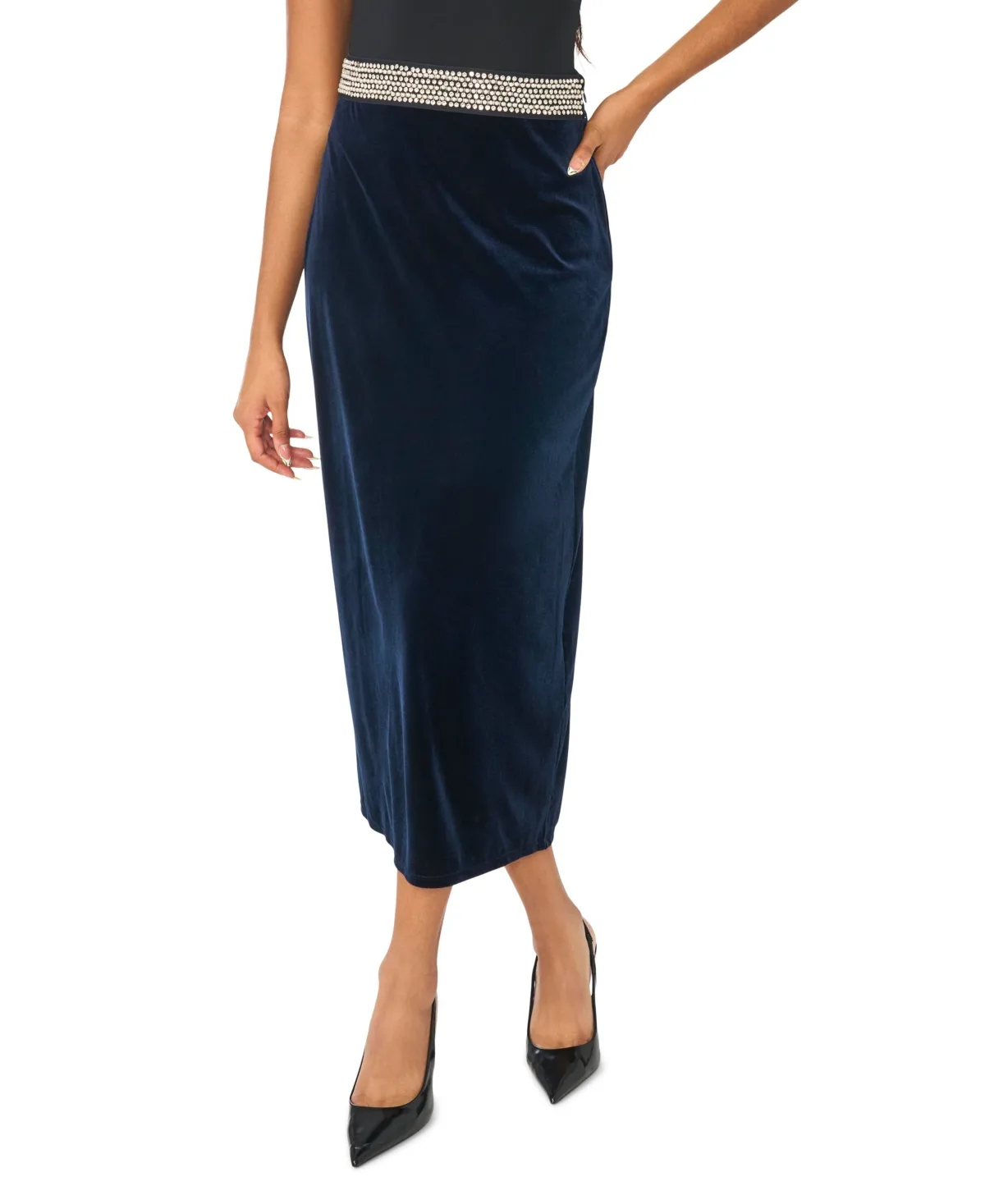 High-Waisted A-Line Velvet Maxi Skirt with Crystal Waist Trim by Msk