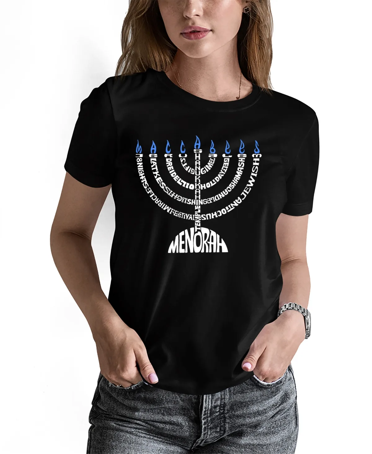 Menorah Word Art Crew Neck T-Shirt by LA Pop Art