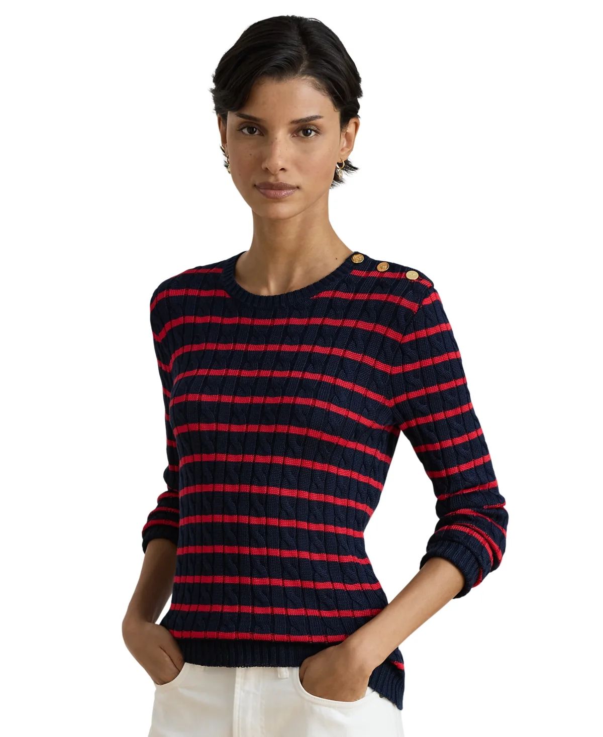 Lauren Ralph Lauren Striped Button-Trim Cable-Knit Sweater by Ralph Lauren