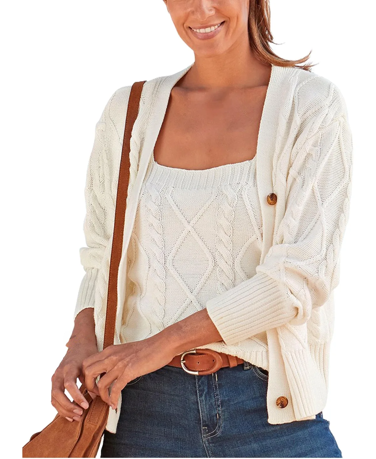 Cable-Knit V-Neck Button-Front Cardigan by Lascana