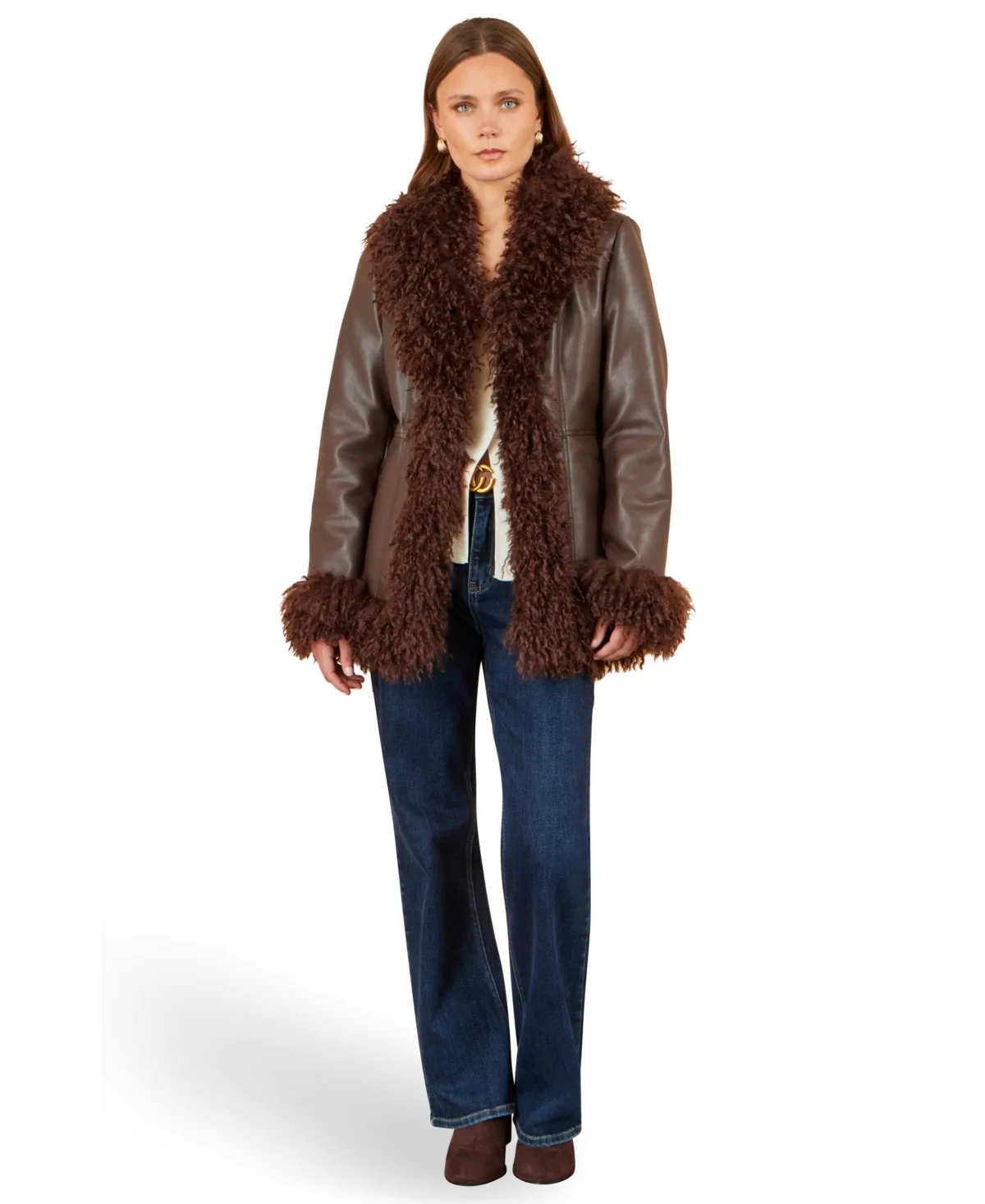 Textured Collard Trim Faux Leather Coat by Yumi