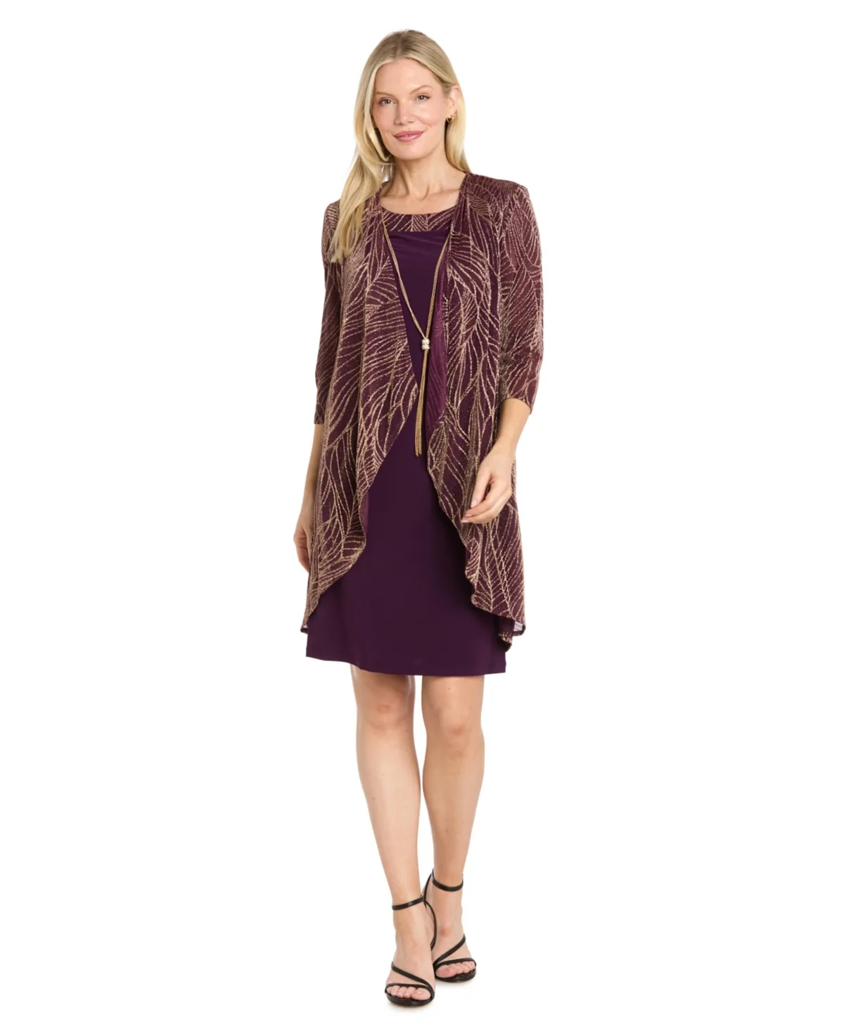 2-Piece Metallic Print Open-Front Jacket & Scoop-Neck Necklace Dress by R&M Richards