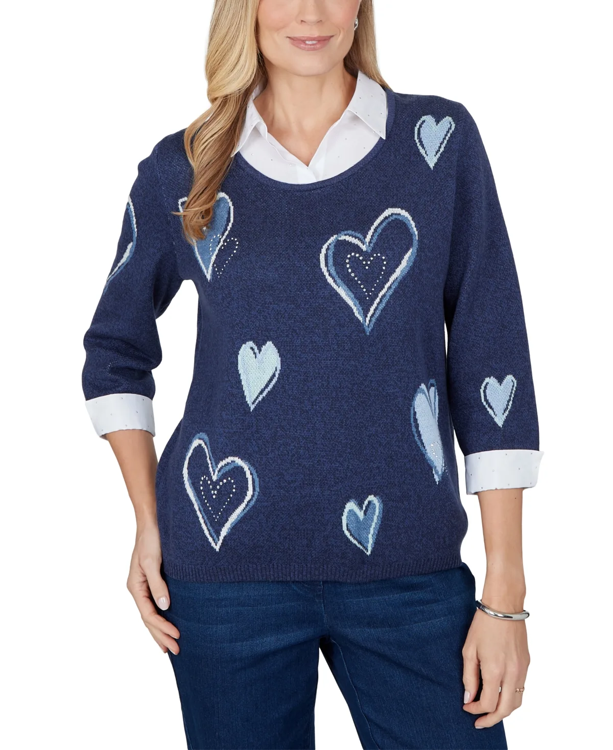 Heart Print Scoop Neck 3/4-Sleeve Sweater by Alfred Dunner
