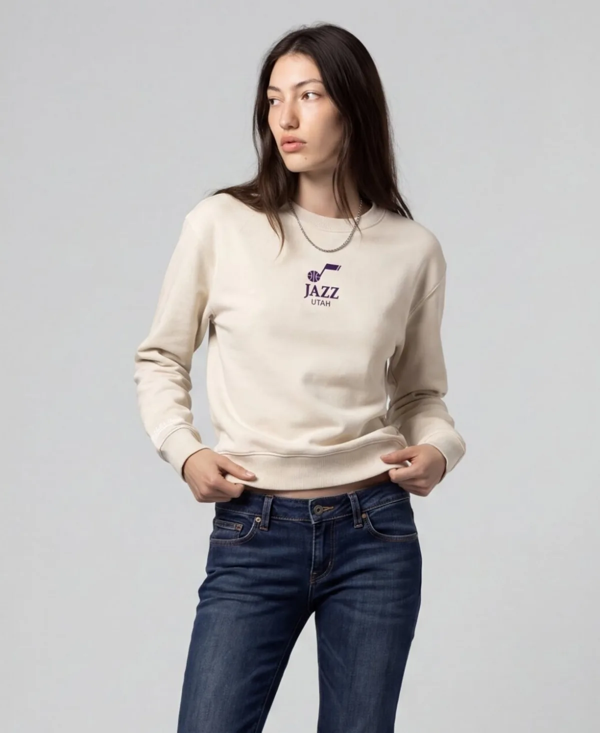 Utah Jazz Core Essentials Micro Logo Fleece Sweatshirt by Mitchell & Ness