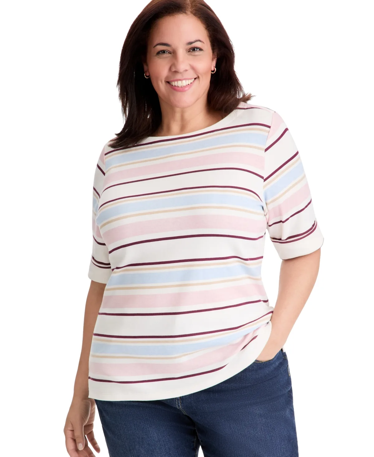 Striped Boat-Neck Elbow Sleeve Top by Style & Co