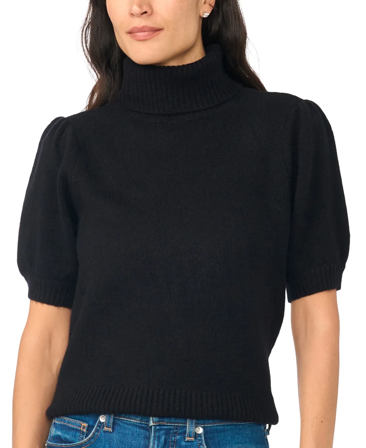 Turtleneck Short-Sleeve Puff-Sleeve Sweater by CeCe