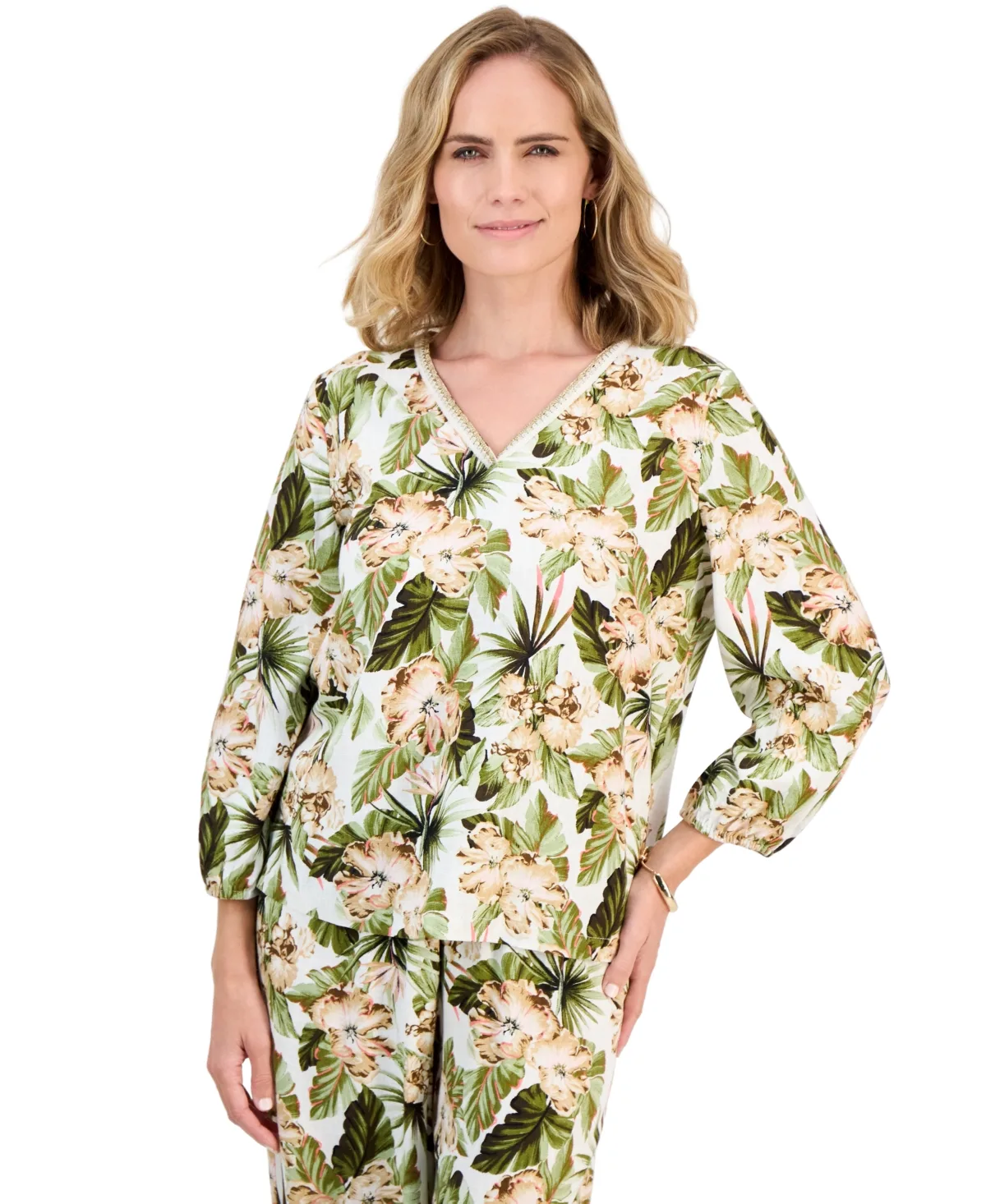 3/4-Sleeve Crochet Floral-Print Top by JM Collection