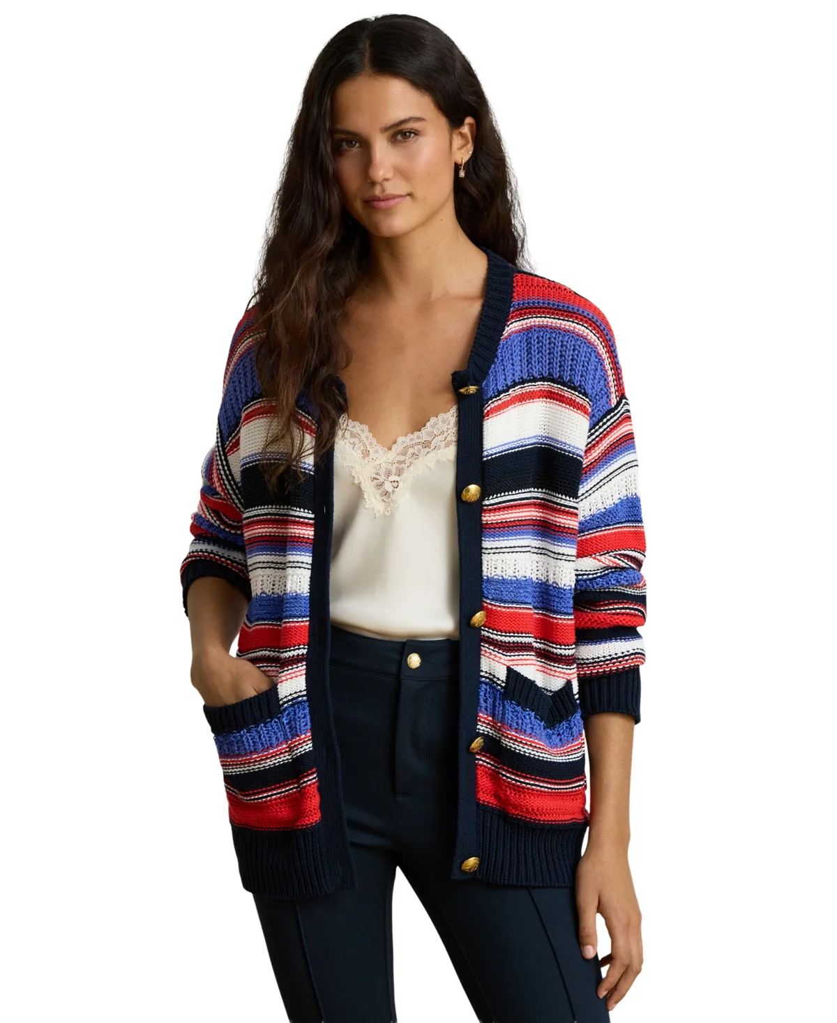 Lauren Ralph Lauren Striped Crewneck Cotton-Blend Cardigan Sweater by Ralph Lauren
