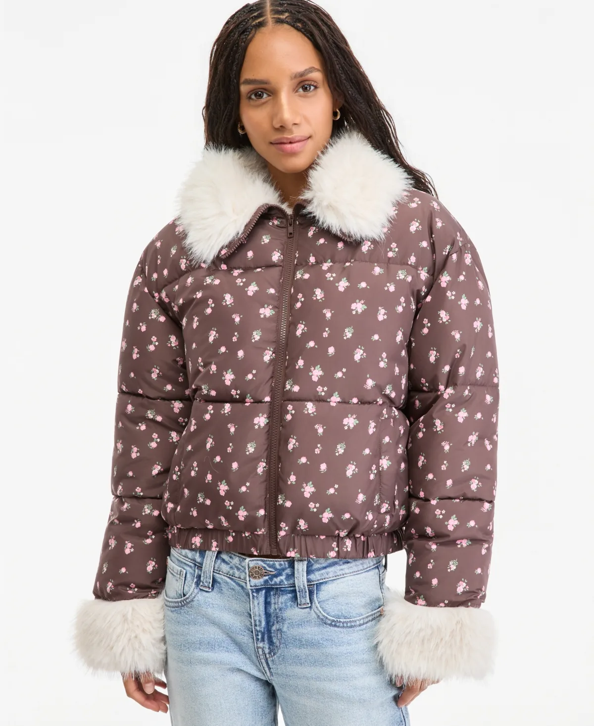 Floral-Print Faux-Fur Trim Puffer Jacket by Madden Girl