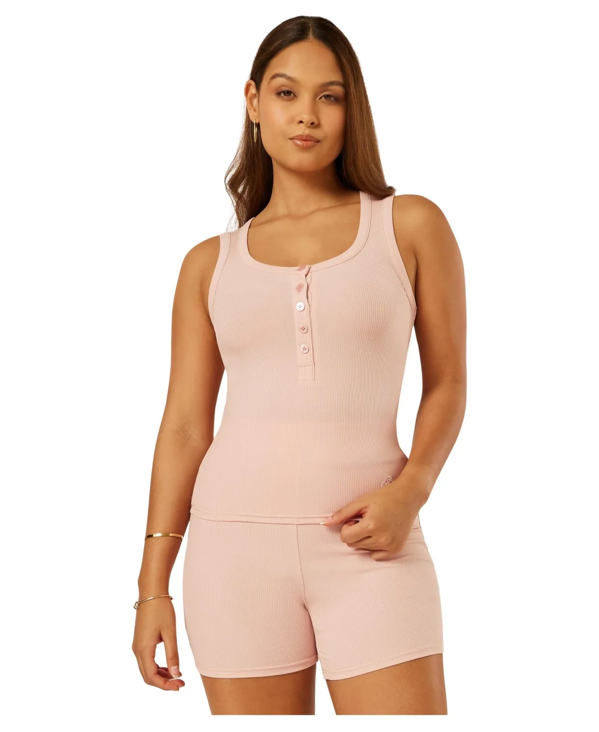 Essential Everyday Scoop Neck Ribbed Henley Tank Top by Be Athletica