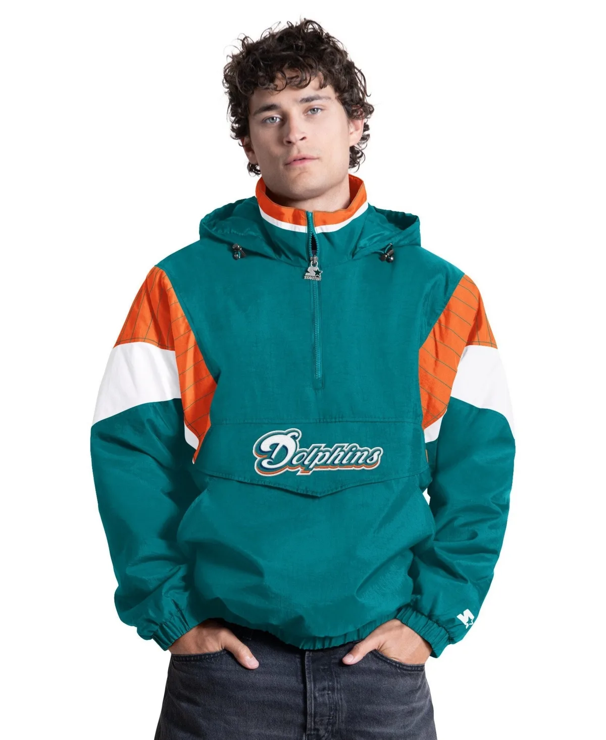 Miami Dolphins the Throwback Retro Logo Half-Zip Hooded Sweatshirt by Starter