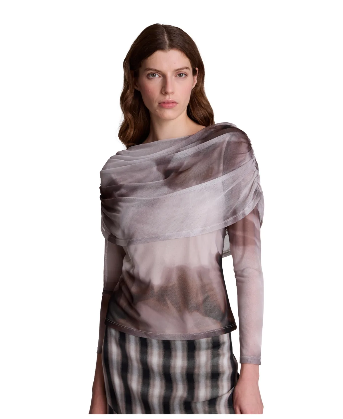 Ruched Cape Printed-Mesh Long-Sleeve Pullover by Kenneth Cole
