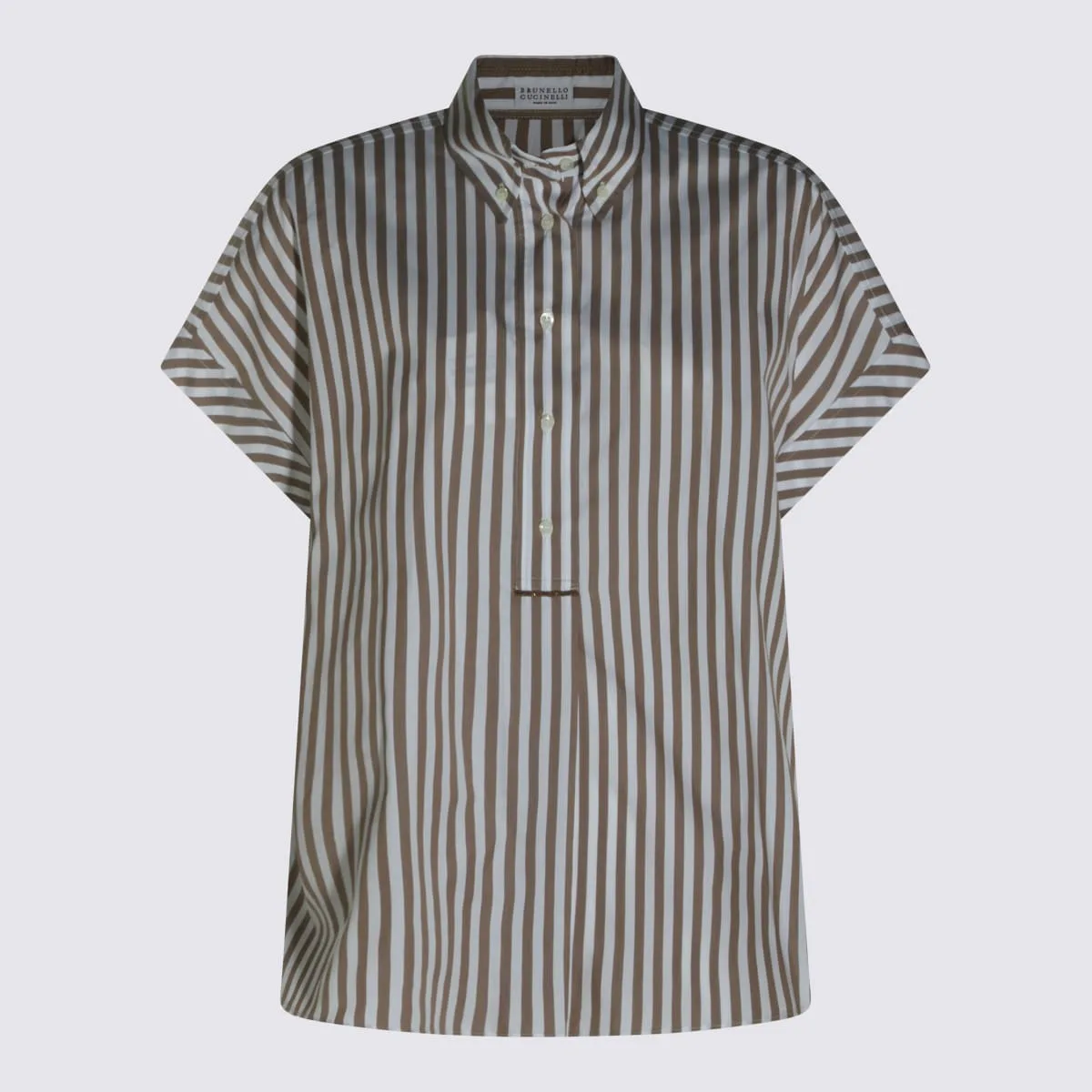 Brown And White Cotton And Silk Blend Striped Shirt by Brunello Cucinelli