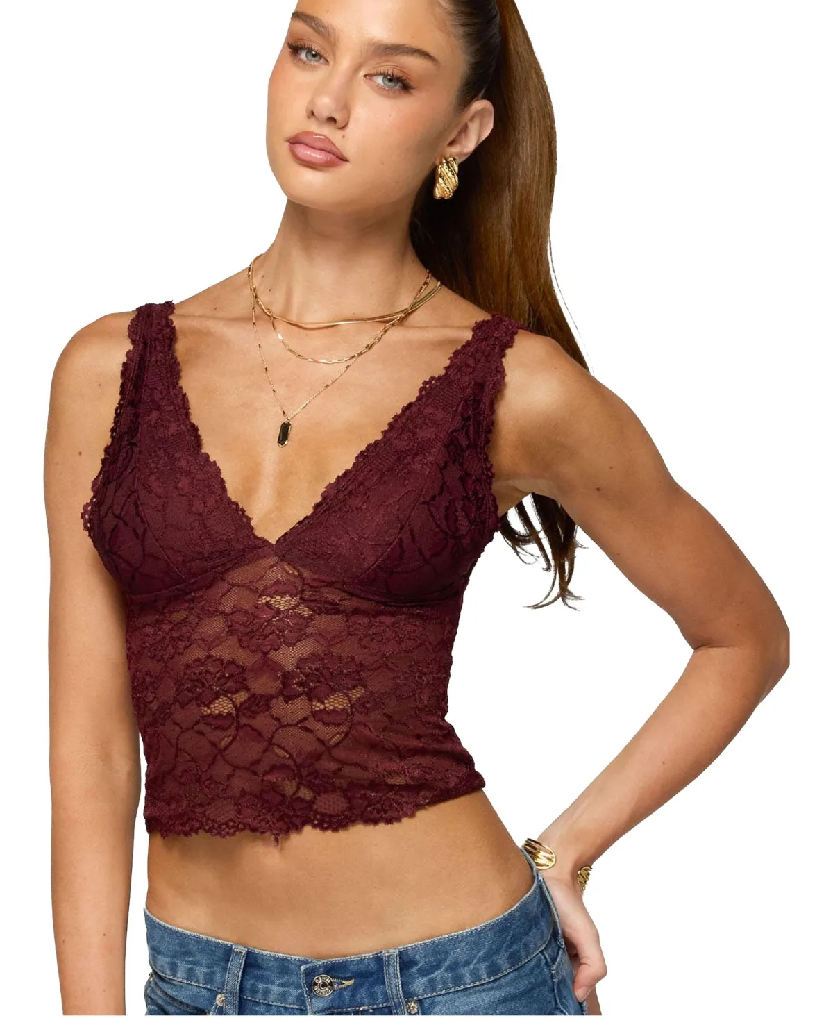 Vanya Sheer Lace V Neck Top by Edikted