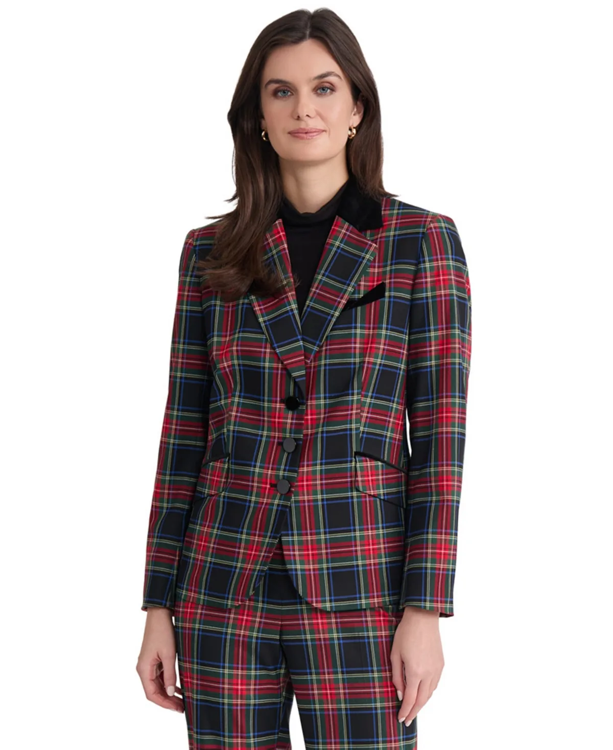 Plaid Velvet Three-Button Blazer by Jones New York
