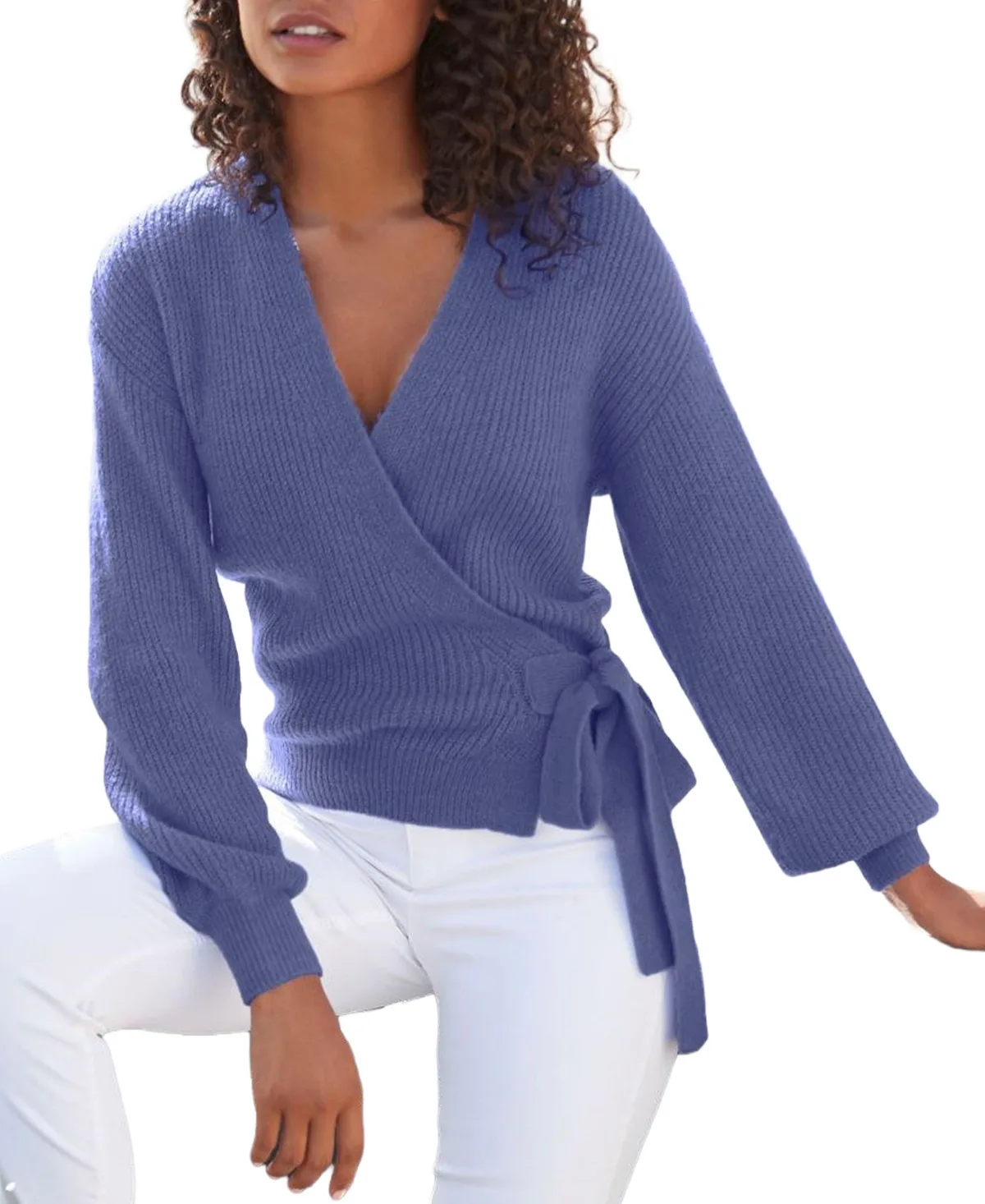 Ribbed Wrap Balloon-Sleeve Sweater by Lascana
