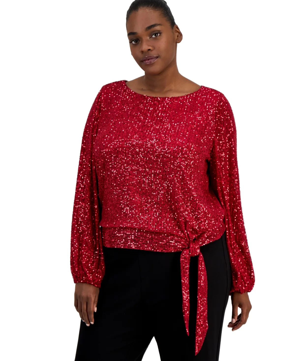 Sequin Boat Neck Long-Sleeve Blouse by Tahari