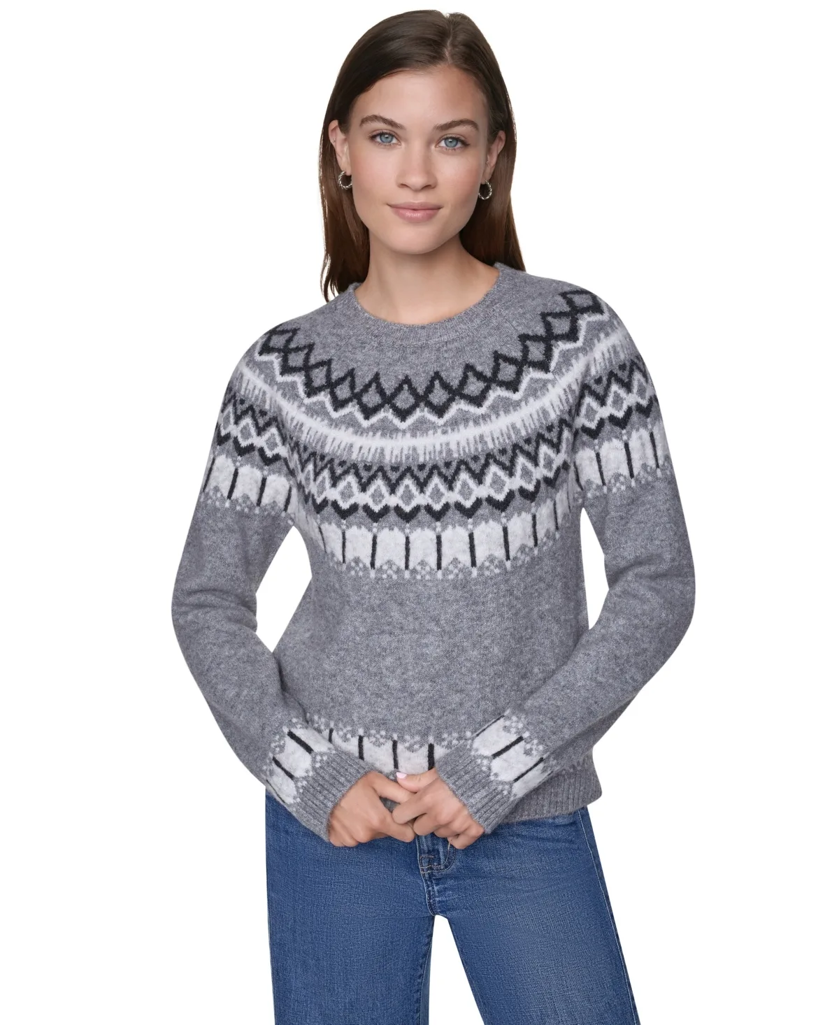 Fair Isle Long-Blouson Sleeves Split Back Collar Sweater by DKNY
