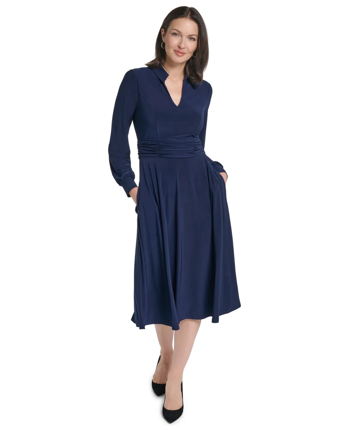 A-Line Ruched Waistband Shirt Collar Midi Dress by Jessica Howard