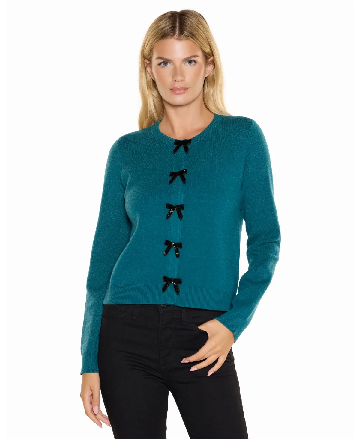 Snap-Front Bugle-Bead Bow Cardigan by Belldini