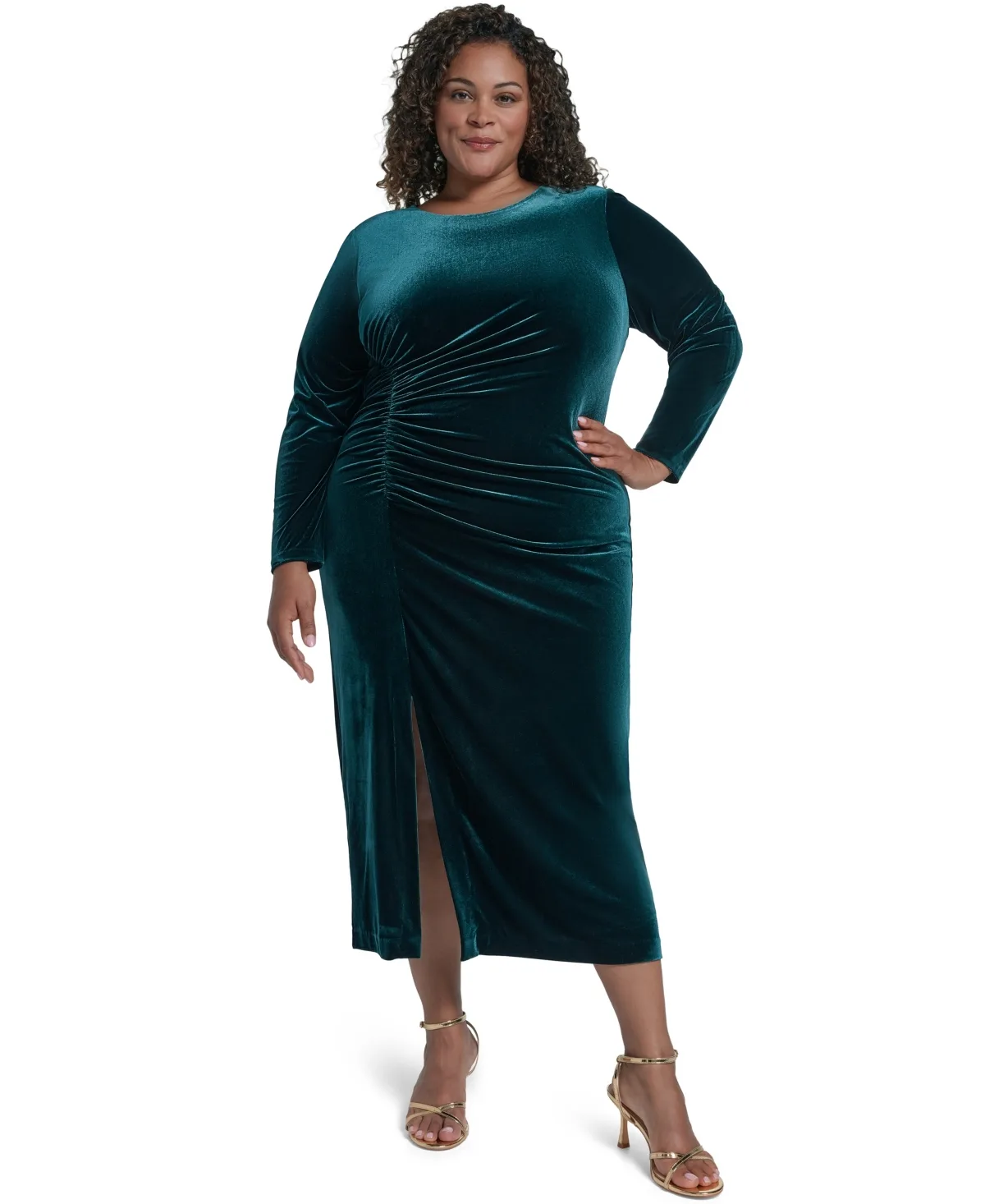 Side Ruche Velvet Midi Long-Sleeve Dress by Vince Camuto