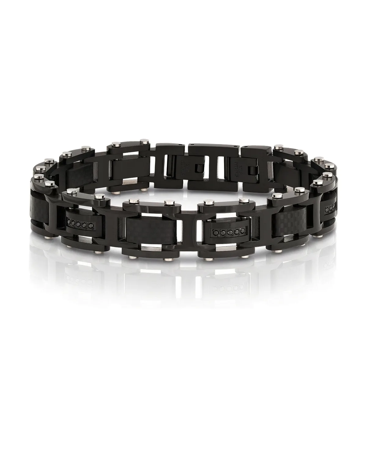 Cubic Zirconia Carbon Fiber Silver-Tone Stainless Steel Bracelet by Metallo