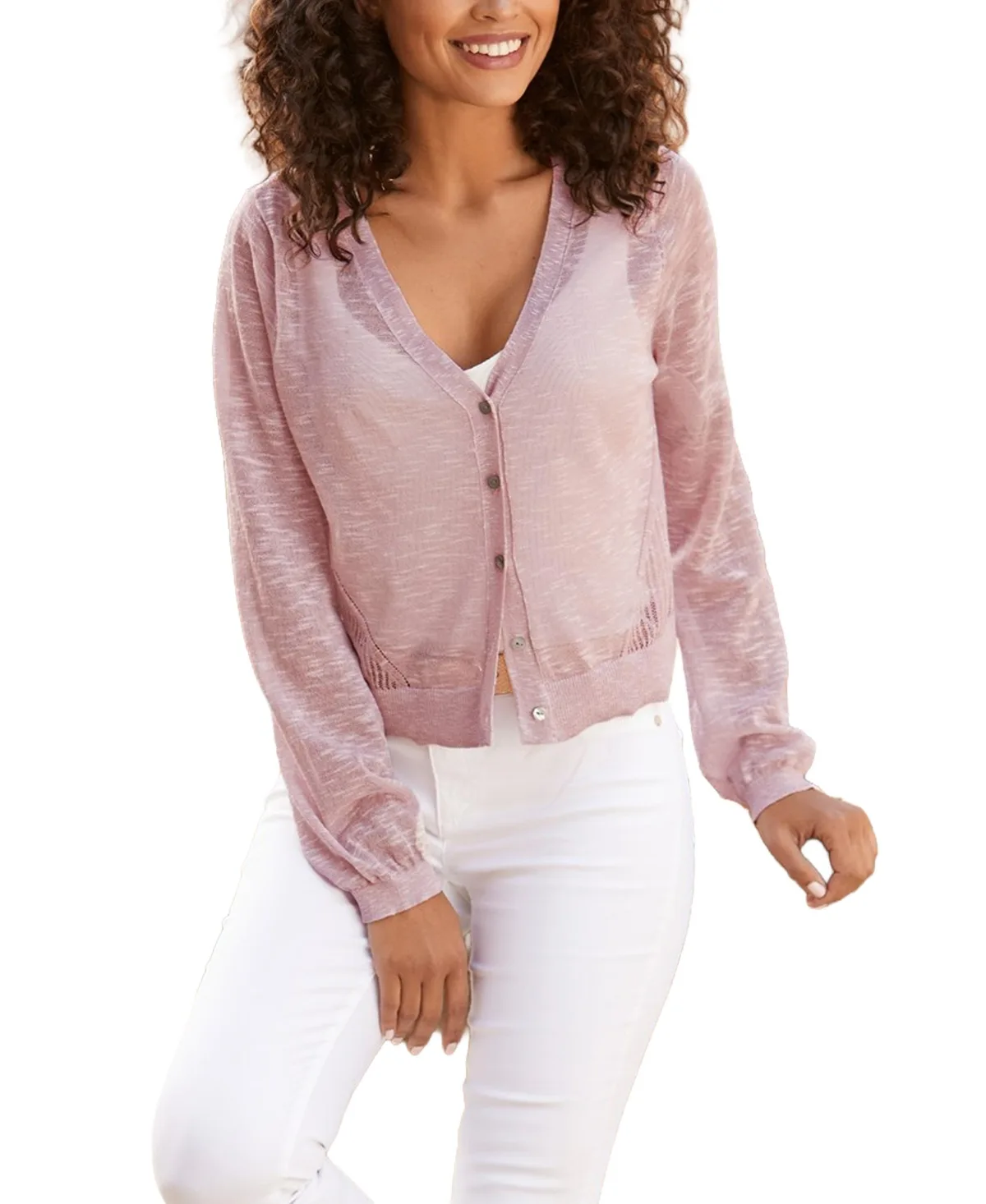 Openwork V-Neck Long-Sleeve Cardigan by Lascana